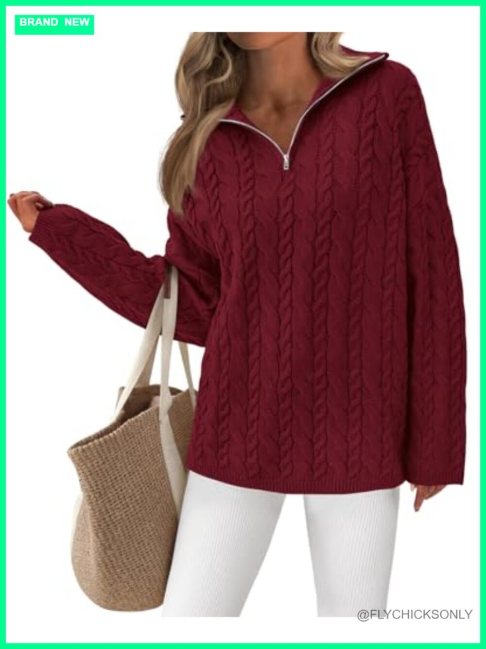 Womens Long Sleeve Quarter Zip Cable Knit Pullover Sweater V Neck Loose Fit